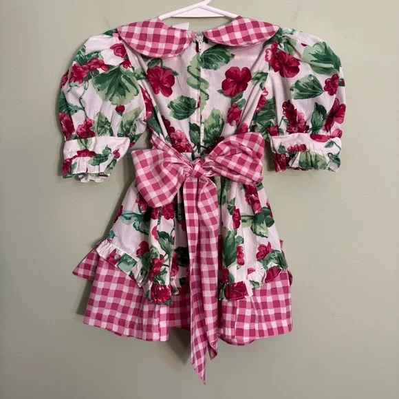 Little Precious Floral and Gingham Puff Sleeve Dress bows vintage size 3T girls - Picture 5 of 13